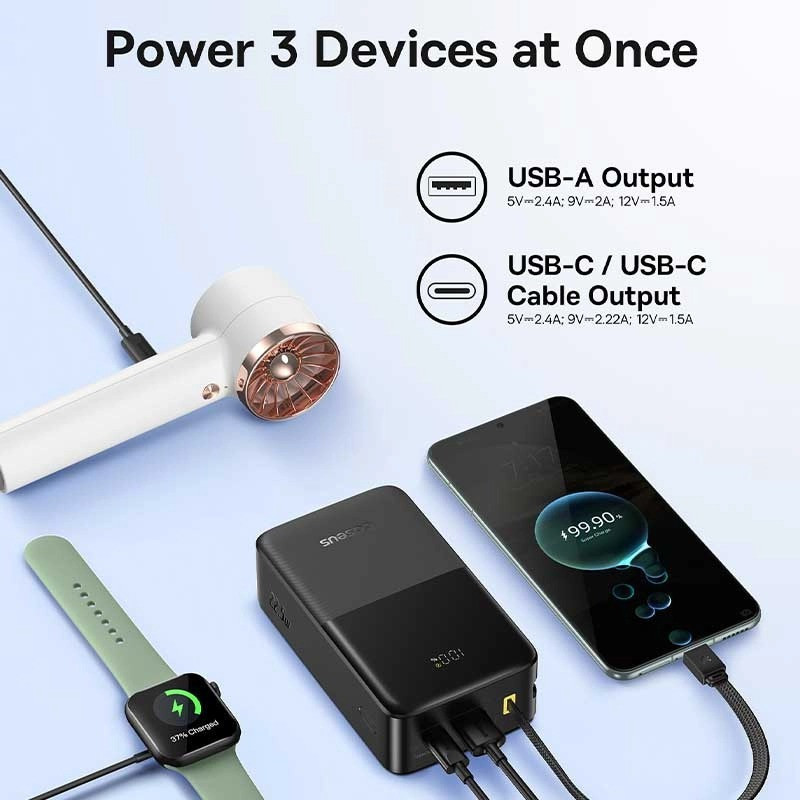 پاوربانک 22 وات بیسوس مدل EnerFill FC51 Bipow 2 Pro ظرفیت 30000 میلی‌آمپرساعت به همراه کابل متصل USB-C
