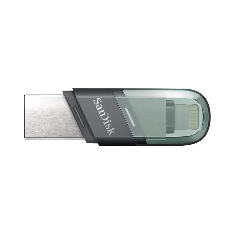 فلش مموری سن دیسک iXPAND FLIP ظرفیت 256 گیگابایت با دو رابط Lightning و USB 3.1، بدنه فلزی، سازگار با iPhone، iPad، ویندوز و مک، انتقال خودکار عکس و ویدیو، طراحی درپوش‌دار و سبک