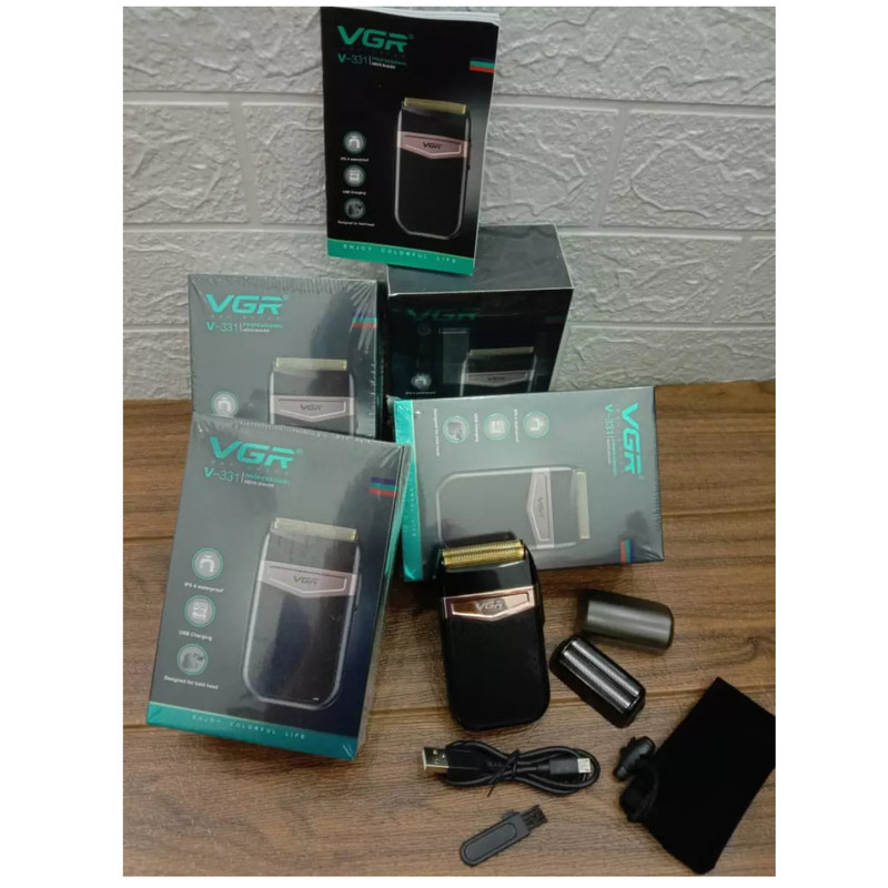 ماشین اصلاح موی صورت وی جی ار مدل 331 ضدآب با طراحی ارگونومیک، تیغه استیل پیشرفته سه‌تیغه، شارژ USB و قابلیت استفاده خشک و مرطوب