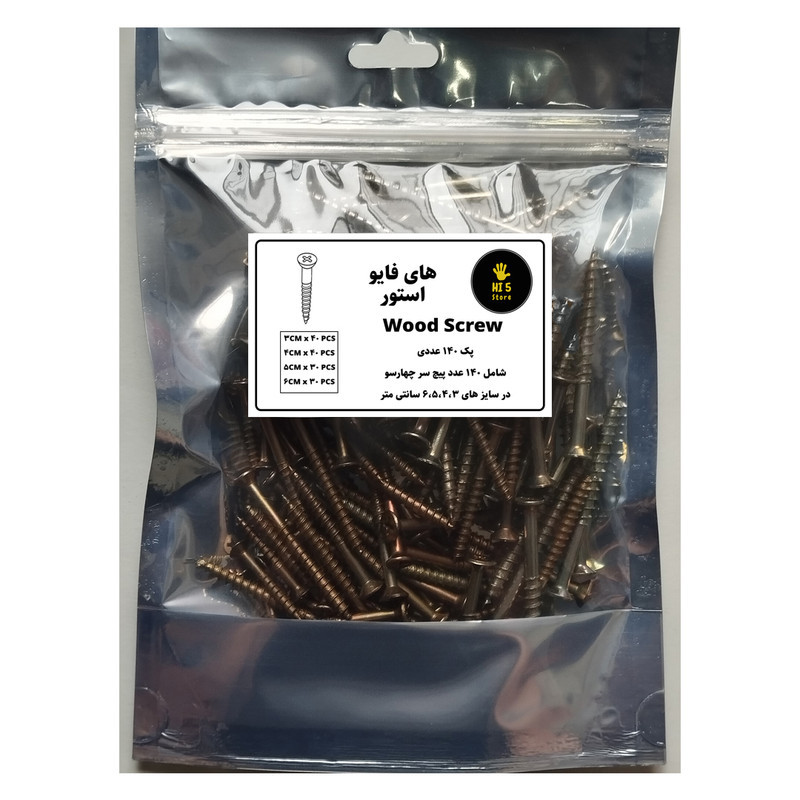 پیچ چوب چهارسو های فایو استور مدل 6-5-4-3 بسته 140 عددی