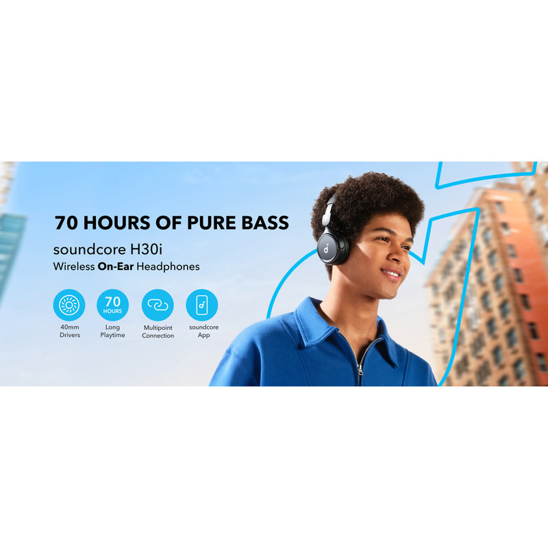 هدفون بلوتوثی انکر مدل Soundcore H30i بدون قابلیت نویز کنسلینگ، درگاه شارژ USB Type-C، دارای میکروفون داخلی با کیفیت بالا، مجهز به فناوری BassUp، مقاومت در برابر رطوبت و عرق