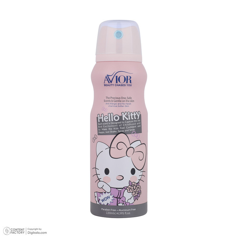 اسپری بدن کودک اویور مدل hello kitty حجم 130 میلی‌لیتر با رایحه گرم مناسب زمستان به همراه بادی اسپلش اویور مدل hello kitty حجم 60 میلی‌لیتر و بالم لب اویور مدل hello kitty  با وزن 2.8 گرم
