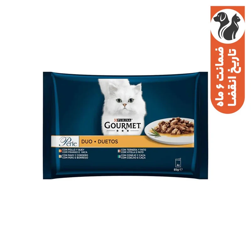 پوچ گربه بالغ گورمت مدل Perle Duetos Carnes Delicadas Multipack وزن 85 گرم بسته 4 عددی