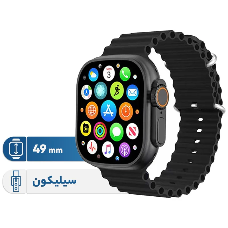 ساعت هوشمند ورنا مدل W49 Ultra with 7 Bands دارای قابلیت های کنترل موسیقی (Music Player)، قابلیت مکالمه از طریق بلوتوث، پشتیبانی از زبان فارسی در منو و سیستم‌عامل بند سیلیکون