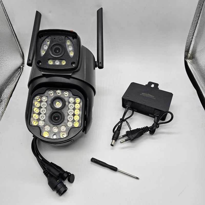 دوربین مداربسته تحت شبکه شارک IPC-V380-A28-WIFI دو لنز با چرخش قابل کنترل، کیفیت FULL HD 1080P، دید در شب رنگی دوگانه IR و وارم لایت، اتصال وای‌فای و LAN، آژیر هشدار و پشتیبانی از کارت حافظه micro SD