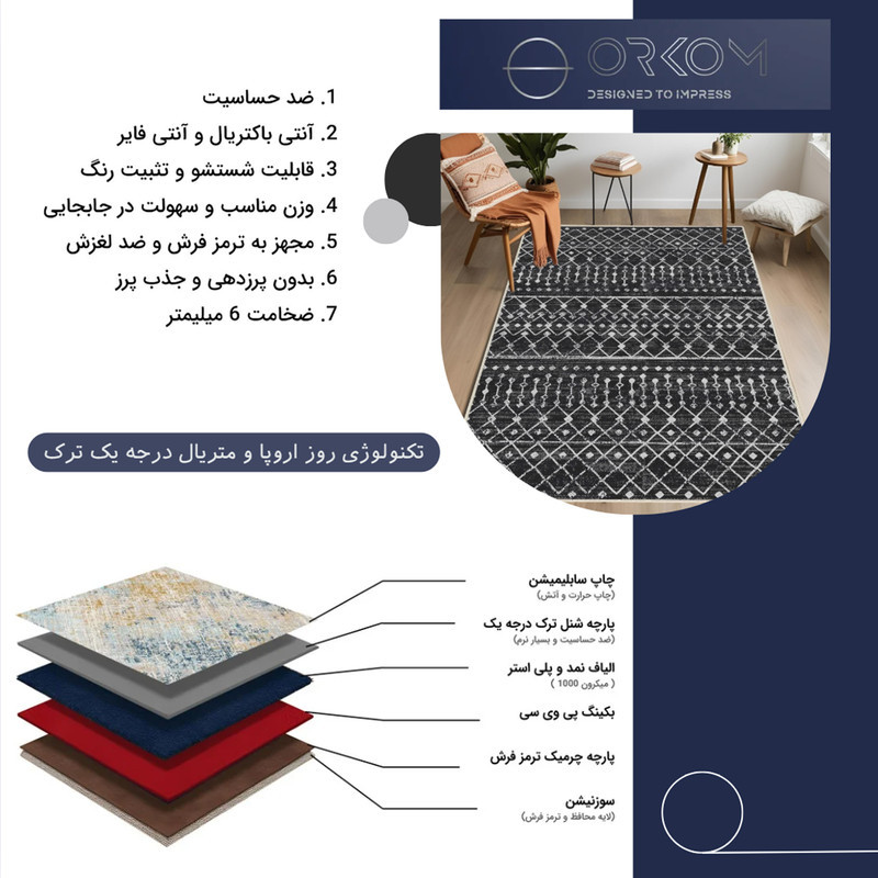 فرش ماشینی 1000 شانه اورکوم زمینه و حاشیه مشکی طرح مینیمال سما کد OR.1126.04