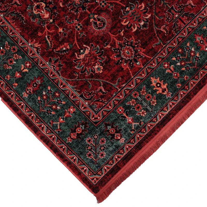 فرش ماشینی 700 شانه فرش ابریشمی کرامتیان زمینه قرمز لاکی حاشیه سبز مدل HM5108