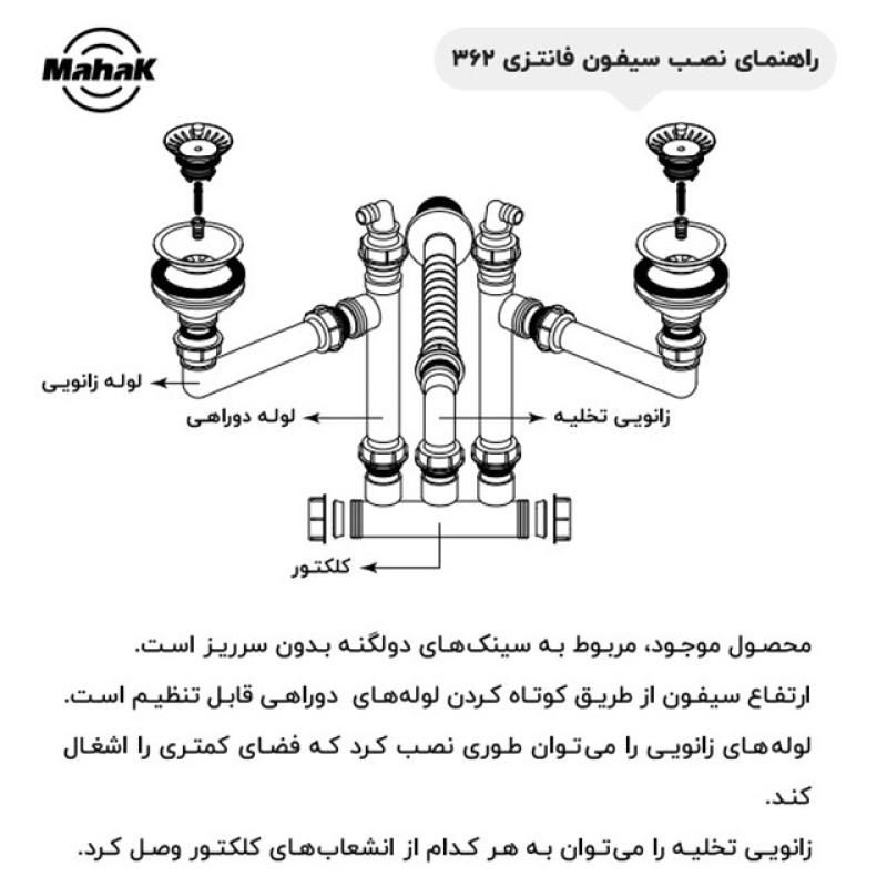 سیفون ظرفشویی محک مدل کم جا کد 362