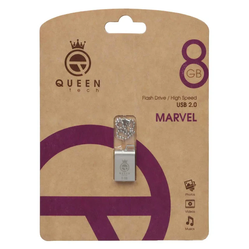 فلش مموری کوئین تک مدل MARVEL ظرفیت 8 گیگابایت مقاوم در برابر ضربه با طراحی ساده و بند انگشتی و زنجیر محافظ