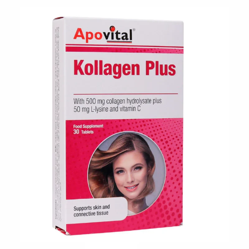 قرص کلاژن پلاس آپوویتال مدل Kollagen Plus حاوی کلاژن هیدرولیز شده، ویتامین سی و ال لیزین، کمک به حفظ استحکام پوست، کاهش چین و چروک، تقویت رشد مو و ناخن و بهبود عملکرد مفاصل، بسته 30 عددی ساخت آلمان