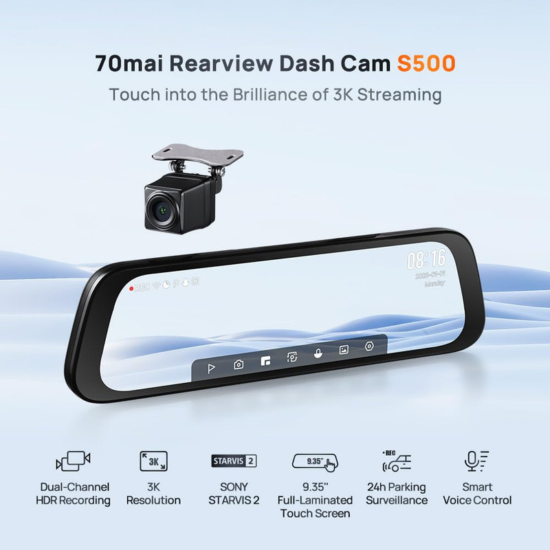 آینه هوشمند خودرو سوِنتی مِی مدل 70mai Rearview Dash Cam S500 به همراه دوربین