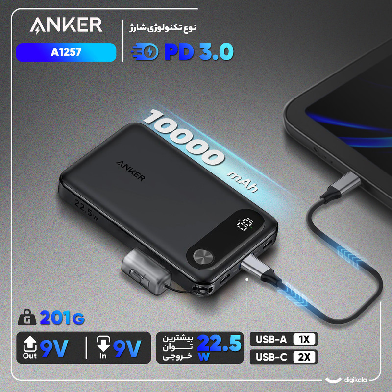 پاوربانک 22.5 وات انکر مدل A1257 ظرفیت 10000 میلی آمپر ساعت به همراه کابل USB-C