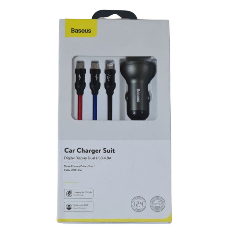شارژر فندکی  باسئوس مدل Car Charger Suit-24W به همراه کابل تبدیل microUSB USB-C  لایتنینگ