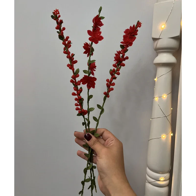 گل مصنوعی شاخه‌ای گل و غنچه، مجموعه 3 عددی، ابعاد 5×2×40 سانتی‌متر، وزن 100 گرم
