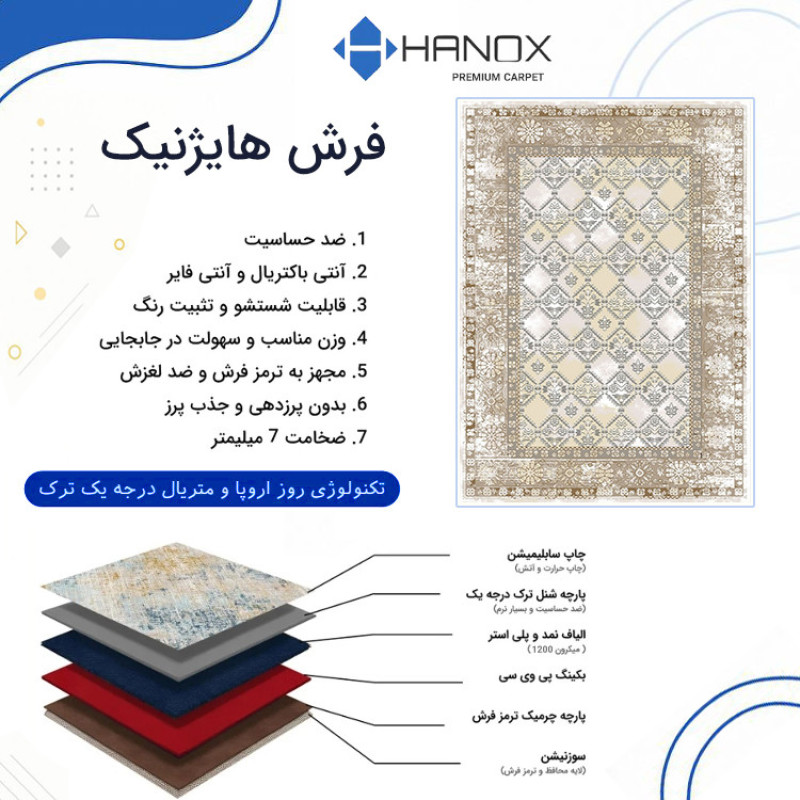 فرش ماشینی 1000 شانه هانوکس زمینه کرم حاشیه چند رنگ مدل مدرن کد L337