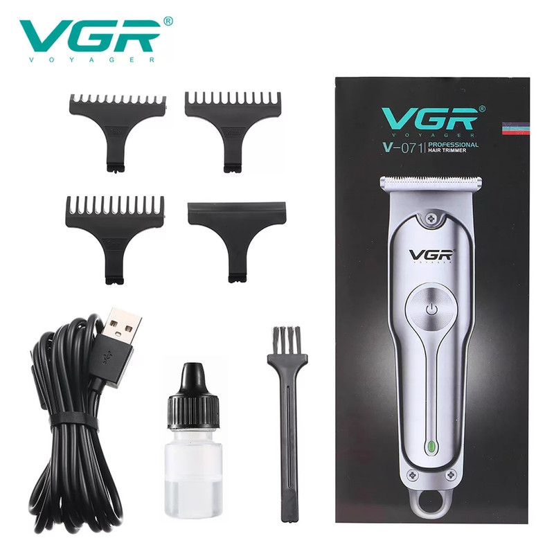 ماشین اصلاح موی سر و صورت وی جی ار مدل V-071 با تیغه دوار روکش الماس، موتور 8500 دور در دقیقه، باتری 600 میلی‌آمپر ساعت، شارژ USB، استفاده خشک و مرطوب و شانه قابل تنظیم دستی