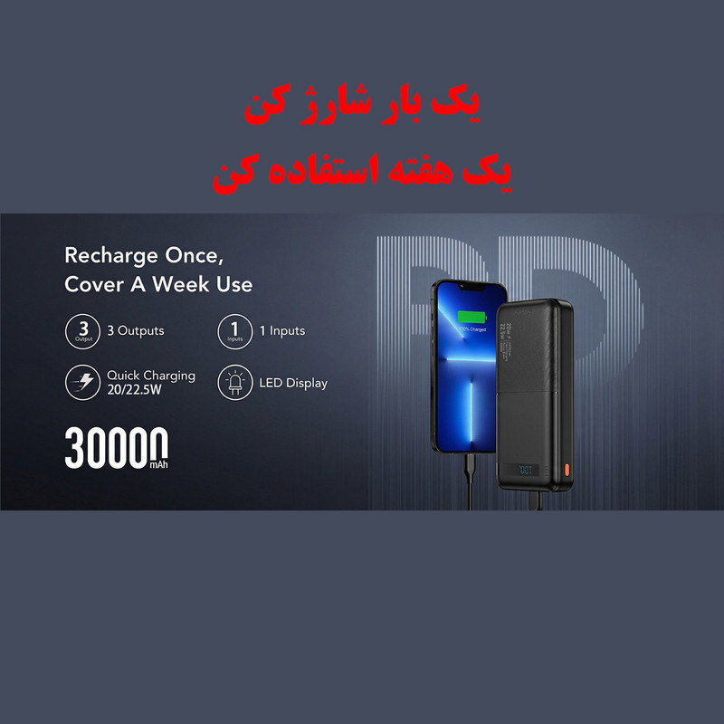 پاوربانک 22.5 وات ریمکس مدل RPP‑770 ظرفیت 30000 میلی آمپر ساعت