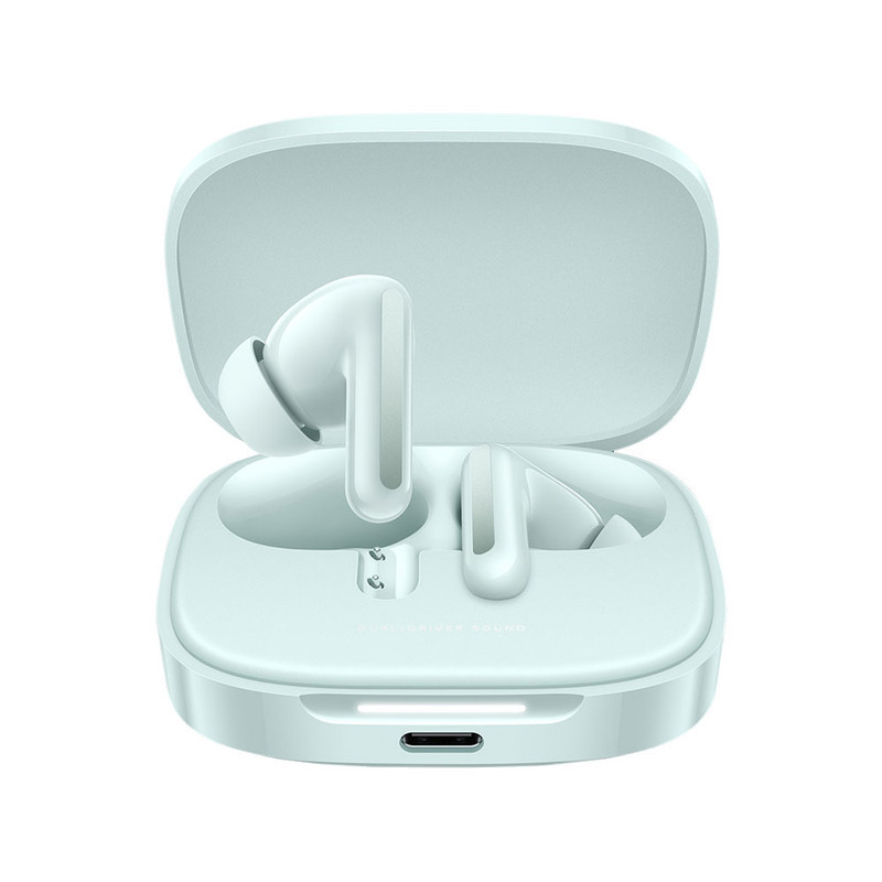 هدفون بلوتوثی شیائومی مدل Redmi Buds 6 با نویز کنسلینگ فعال (ANC)، درگاه شارژ USB Type-C، دارای میکروفون دوگانه با ENC (کاهش نویز محیط)، مقاوم در برابر رطوبت و عرق
