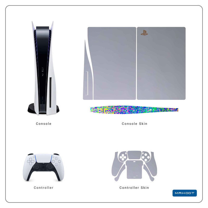 برچسب کنسول و دسته بازی PS5 ماهوت مدل Matte_Silver_Holographic