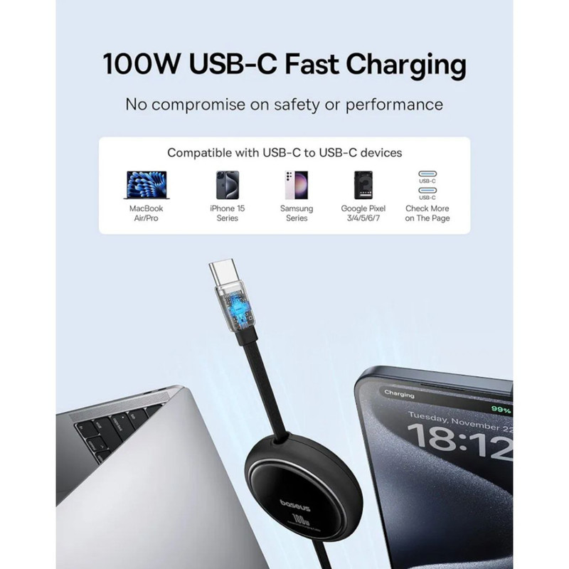 کابل USB-C  بیسوس مدل Free2Draw Mini Retractable 100W طول 1 متر