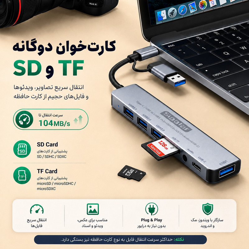 هاب 8 پورت USBUSB-C سیپولار مدل USBType-C to Audio