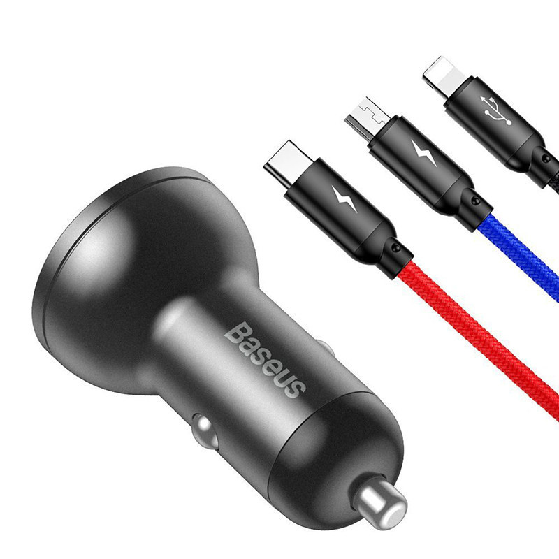 شارژر فندکی  باسئوس مدل Car Charger Suit-24W به همراه کابل تبدیل microUSB USB-C  لایتنینگ