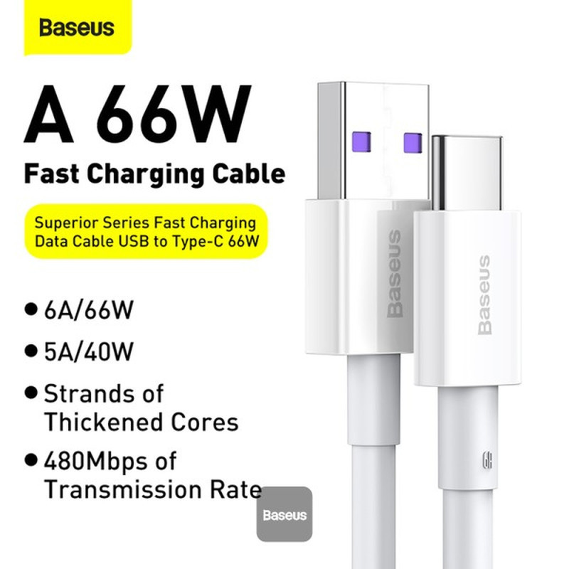 کابل تبدیل USB به USB-C باسئوس مدل Superior Series CATYS-A 6A 66W طول 2 متر
