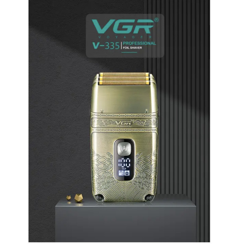 ماشین اصلاح موی صورت وی جی ار مدل V-335 با موتور 4500 دور در دقیقه، 3 تیغه فویلی، باتری 700 میلی‌آمپر ساعت، نمایشگر شارژ، طراحی ارگونومیک و مقاوم در برابر آب با قابلیت استفاده زیر دوش و شارژ USB