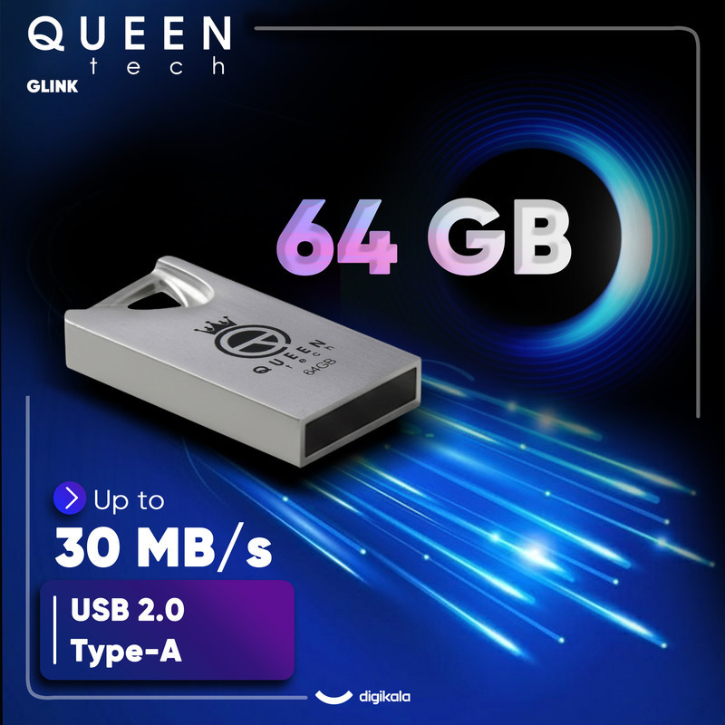 فلش مموری کوئین تک مدل GLINK ظرفیت 64 گیگابایت با رابط USB 2.0، بدنه فلزی مقاوم در برابر آب و ضربه، طراحی فشرده و زنجیر محافظ، سرعت انتقال 30 مگابایت بر ثانیه، سازگار با انواع سیستم‌عامل‌ها و دستگاه‌های USB