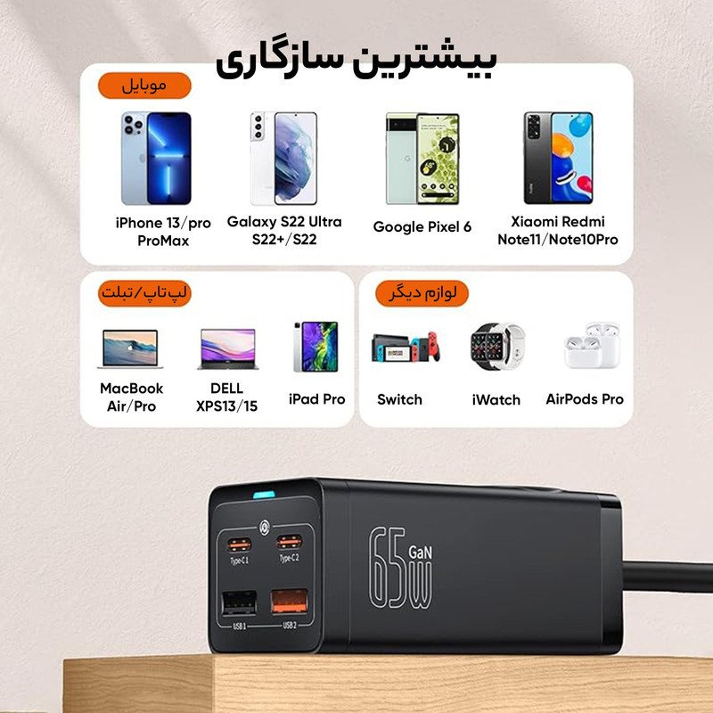 شارژر رومیزی 65 وات بیسوس مدل PSZM000901
