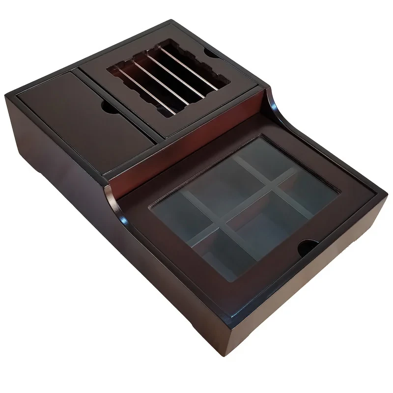 جعبه پذیرایی تی بگ وارمر پله کد 1، جنس MDF، مناسب گرم نگهداشتن دمنوش و چای، دارای 6 پارت کوچک برای تنقلات و چای و 1 پارت بزرگ برای نبات و نسکافه