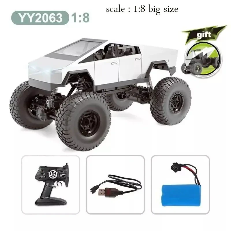 ماشین بازی کنترلی MZ مدل تسلا سایبر تراک بزرگ 1:08 با چهارچرخ محرک 4x4، دو موتور براش، بدنه آلیاژ آلومینیوم، سرعت تا 8 کیلومتر بر ساعت، چراغ LED و باتری شارژی 7.4 ولت با کنترل 2.4 گیگاهرتز