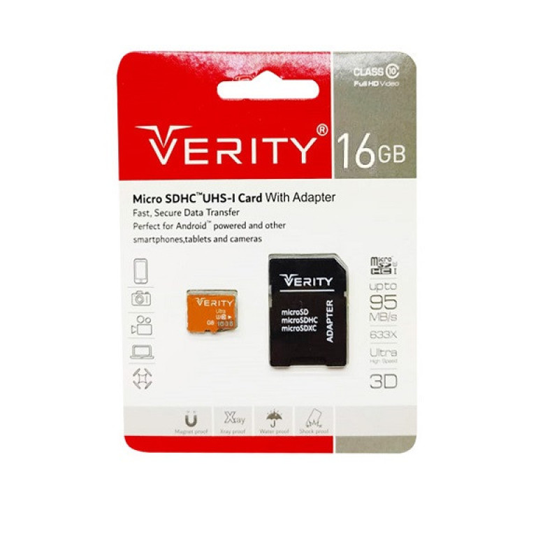 کارت حافظه MicroSDHC وریتی مدل Ultra1 کلاس 10 استاندارد UHS-I U1 سرعت 95MBps ظرفیت 16 گیگابایت همراه با آداپتور SD
