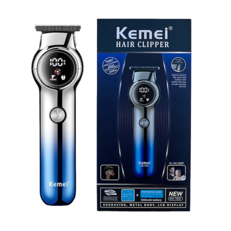 ماشین اصلاح موی صورت کیمی مدل KM-1852 با تیغه کربن استیل، قابلیت تنظیم سرعت، منبع تغذیه کابل USB، شارژ سریع 120 دقیقه و زمان استفاده 180 دقیقه، خط زن و حجم زن با سه شانه و نمایشگر LED میزان شارژ باتری