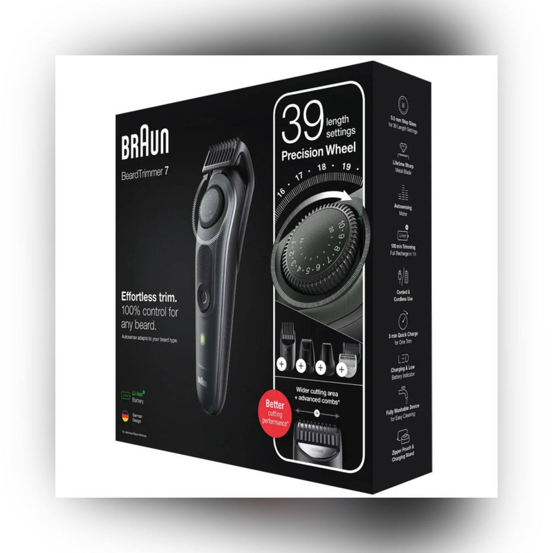 ماشین اصلاح صورت و بدن شارژی براون مدل BT7350 ضدآب با فناوری AutoSense، تیغه‌های خودتیزشونده استیل ضدزنگ، باتری لیتیوم‌یون با 100 دقیقه کارکرد، شارژ سریع و تنظیم اصلاح با 39 شماره نیم‌میلی‌متری