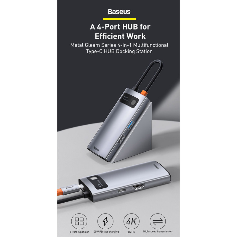 هاب 4 پورت USB-C باسئوس مدل Metal Gleam Series