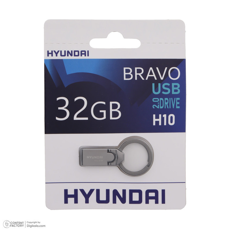 فلش مموری 32 گیگابایت هیوندای مدل H10 با طراحی تاشو، بدنه استیل ضدزنگ، مقاوم در برابر آب، ضربه، لرزش و گرد و غبار، مناسب برای تمامی سیستم‌عامل‌ها و قابلیت استفاده به‌عنوان جاکلیدی