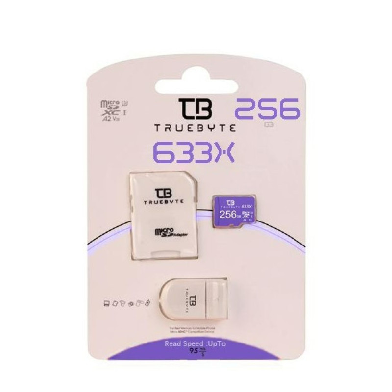 کارت حافظه microSDXC تروبایت مدل A2-V30-633X کلاس 10 استاندارد UHS-I U3 سرعت 95MBps ظرفیت 256 گیگابایت به همراه آداپتور SD و کارت خوان