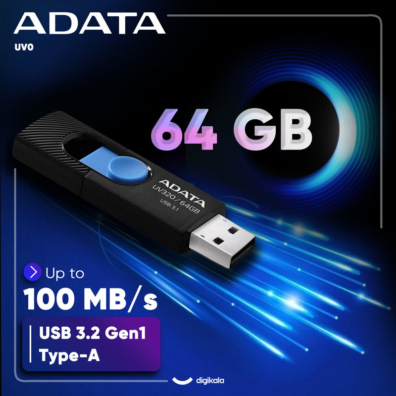 فلش‌مموری کشویی ای دیتا مدل UV320 ظرفیت 64 گیگابایت با رابط USB 3.2 Gen1 سرعت انتقال تا 10 گیگابیت بر ثانیه و سازگار با ویندوز، مک، لینوکس، گوشی و تلویزیون
