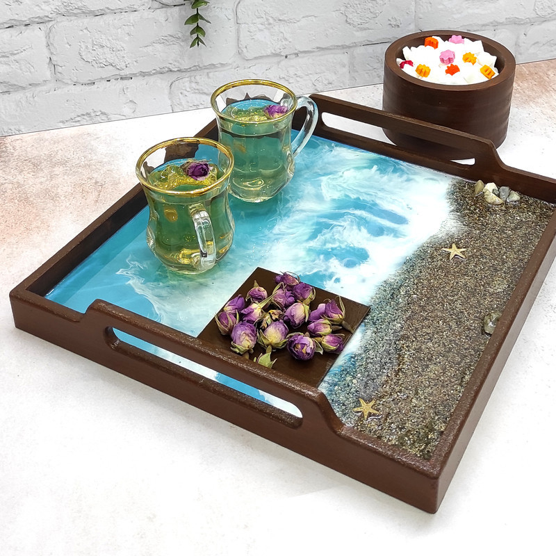سینی چوب و رزین مدل دستساز طرح ساحل دریا