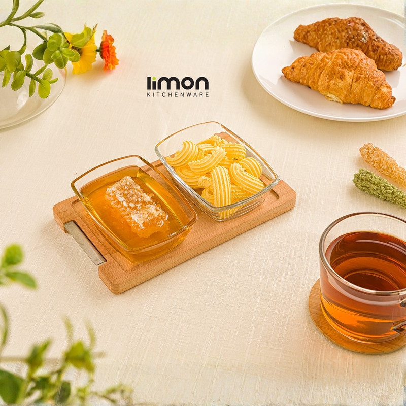 اردوخوری لیمون مستطیل پایه چوبی شیشه‌ای، مناسب سرو اردو و آجیل، شستشو با دست و ماشین ظرفشویی، ابعاد 20×12×4 سانتیمتر، وزن 950 گرم، کد FIDOKA-2246، مجموعه 2 عددی