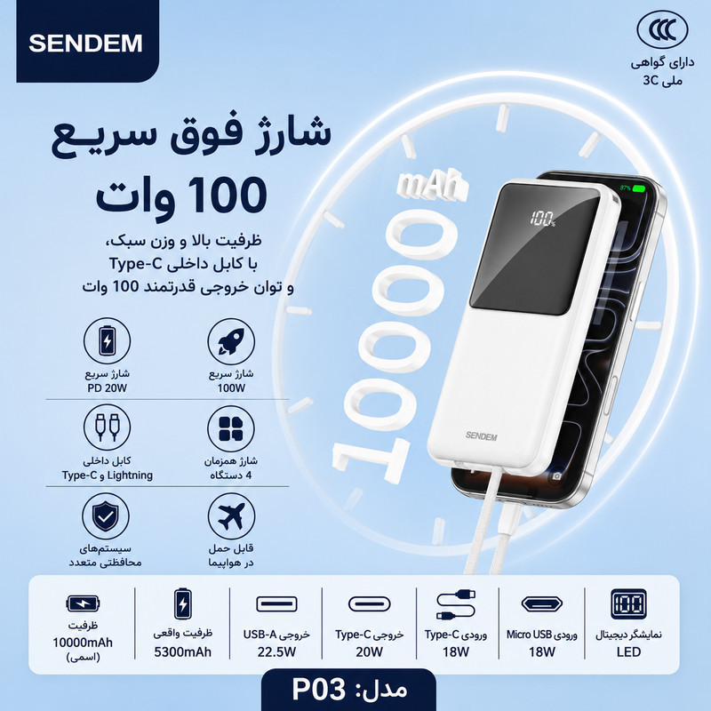 پاوربانک 22.5 وات سندم مدل P03 ظرفیت 10000 میلی‌آمپرساعت