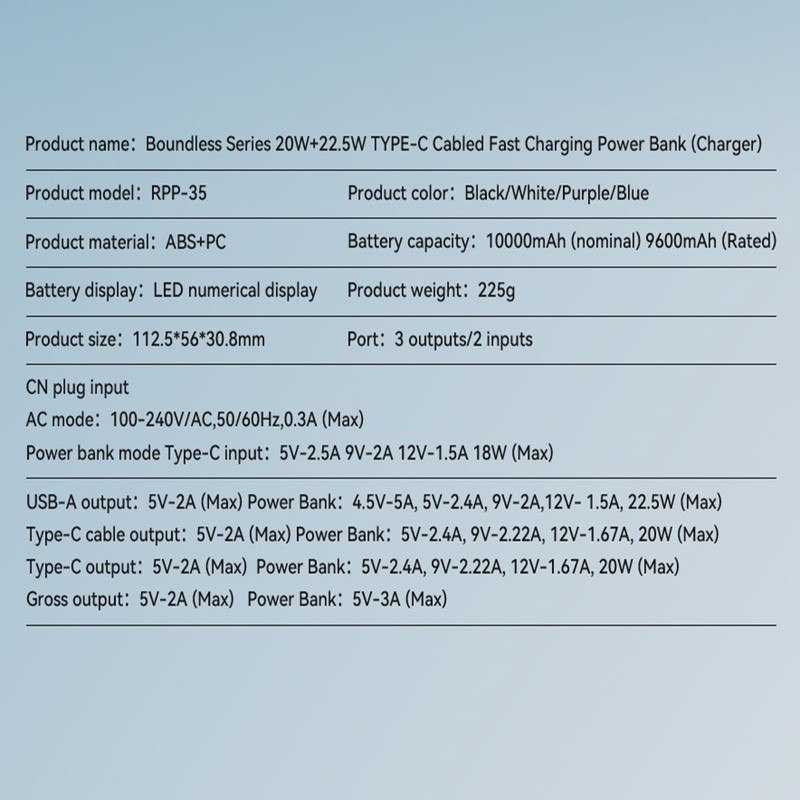 پاوربانک ریمکس مدل RPP-35-20W+22.5W-TYPE-C Cabled ظرفیت 10000 میلی آمپرساعت