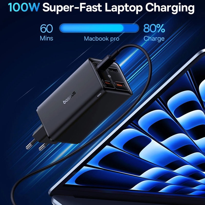 شارژر دیواری 100 وات 4 پورت بیسوس مدل GaN6 Pro به همراه کابل USB-C به USB-C