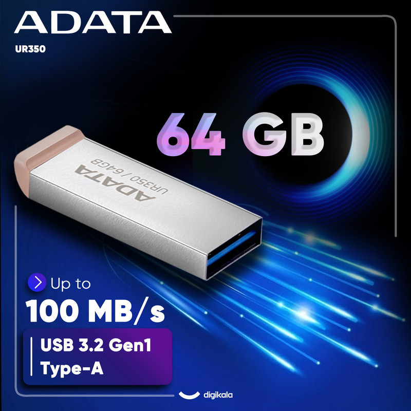 فلش مموری ای دیتا مدل UR350 ظرفیت 64 گیگابایت با رابط USB 3.2 Gen1، سرعت انتقال 100 مگابایت بر ثانیه، بدنه فلزی مقاوم، سازگار با ویندوز، مک، لینوکس و بدون نیاز به نصب درایور