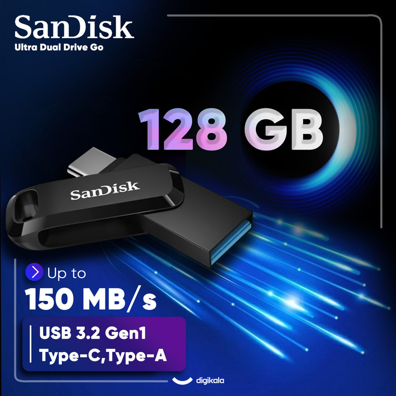 فلش مموری دو رابط سن دیسک مدل Ultra Dual Drive Go ظرفیت 128 گیگابایت با USB 3.2 Gen1، طراحی چرخشی، بدنه فلزی، سازگار با گوشی، تبلت، کامپیوتر و تلویزیون