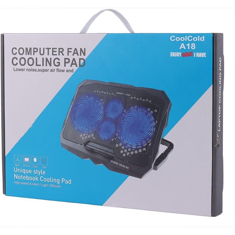پایه خنک‌کننده لپ‌تاپ کول کلد مدل a18 دارای چهار عدد فن مناسب برای لپ تاپ‌های 14.1 تا 15.6 اینچی