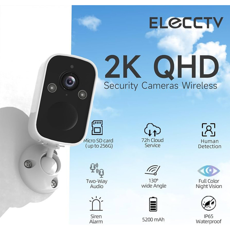 دوربین مداربسته بی‌سیم سیم‌کارت خور 4 مگاپیکسل 2K مدل Smart Battery T4 باتری 5000 میلی‌آمپر، دید در شب رنگی و خاموش، تشخیص حرکت هوشمند PIR، زوم دیجیتال 10 برابر، پشتیبانی کارت حافظه 128 گیگابایت و صدای دوطرفه