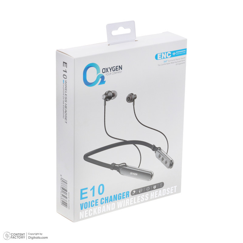 هدفون بلوتوثی گردنی اکسیژن مدل E10 فاقد قابلیت حذف نویز، درگاه شارژ USB Type-C، طراحی ارگونومیک، باتری قابل شارژ تا 130 ساعت