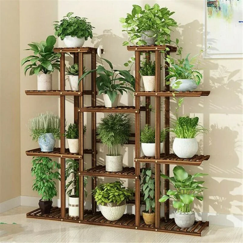 استند گلدان چوبی مدل Mtf5 با ابعاد 120x110x25 سانتی‌متر، ساختار چندطبقه مقاوم از چوب روس مناسب برای چیدمان و نگهداری انواع گلدان‌ها در فضای داخلی و خارجی